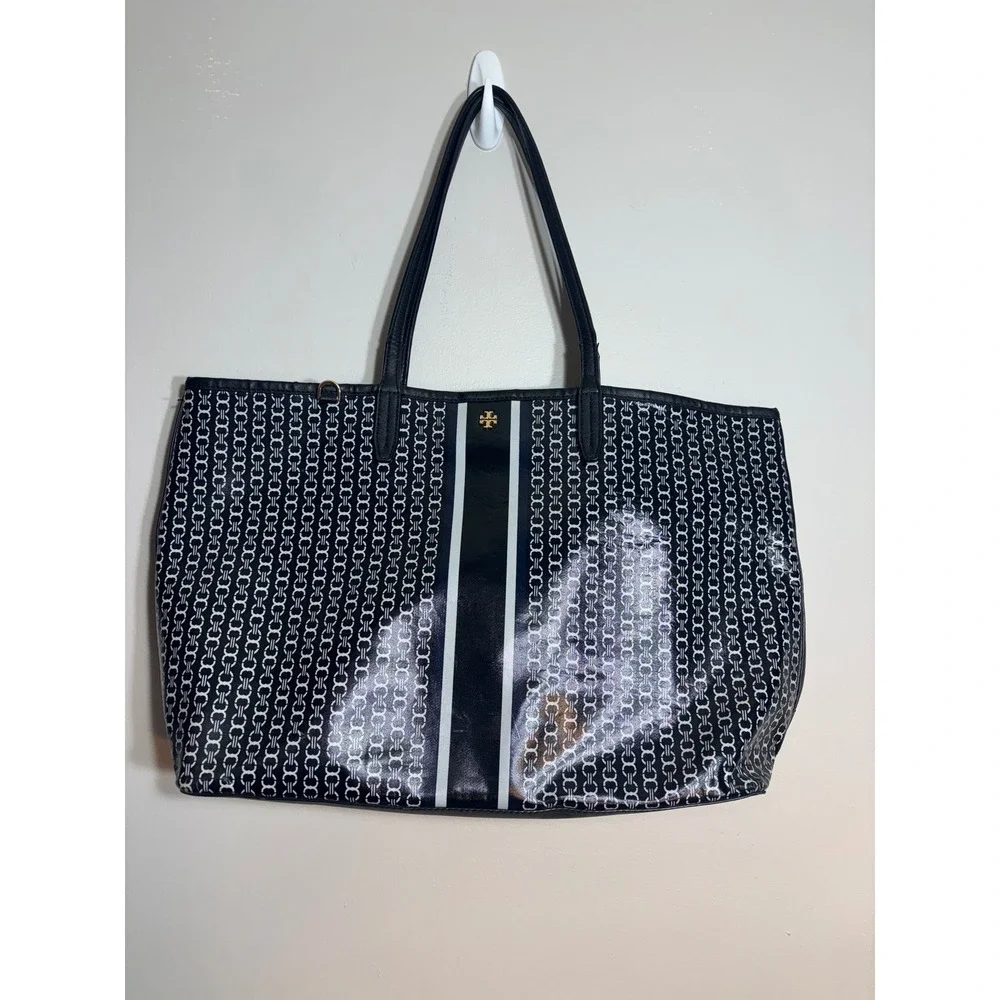 Tory Burch Gemini Link Tote Bag Black White Coated Canvas Large Shoulder Bag‎
